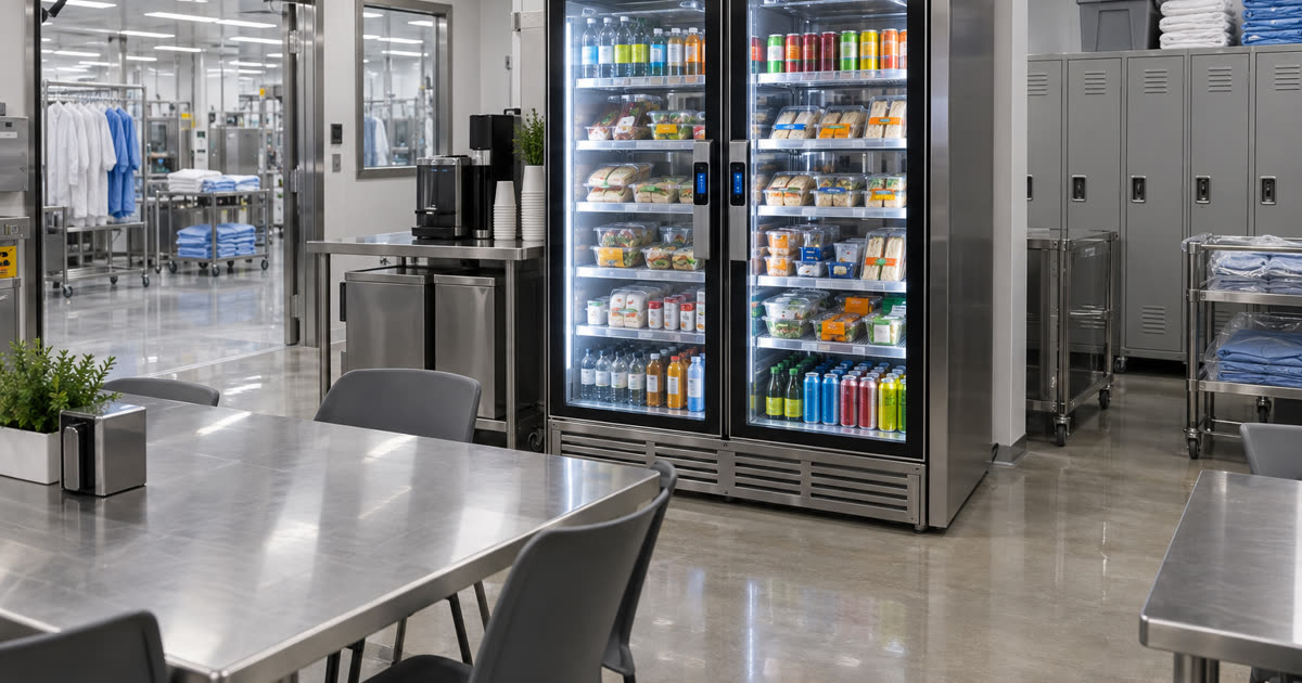 Revvolto smart vending cooler in a clean Austin industrial staff lounge with stocked glass doors