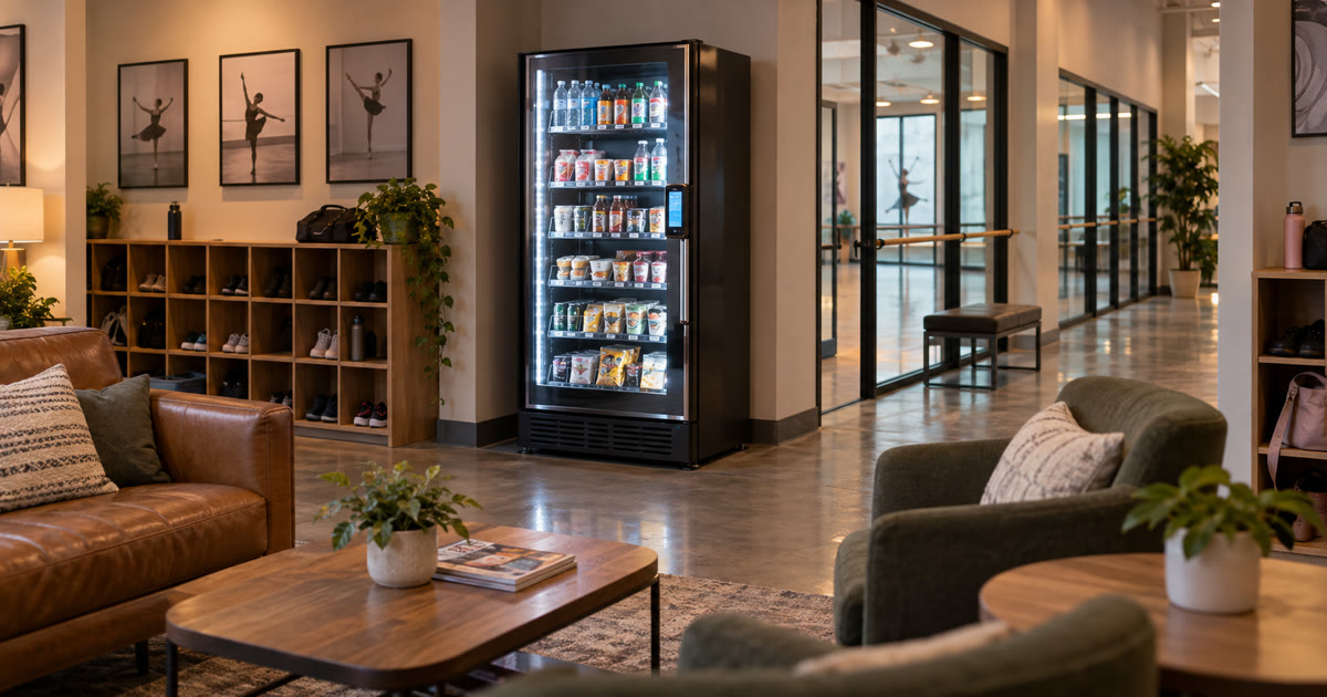 Revvolto cashless smart vending cooler in a dance studio parent waiting lounge