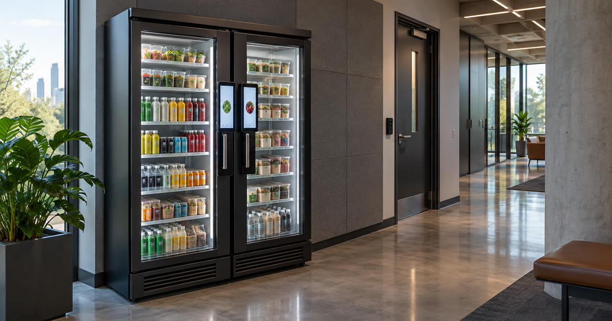 Revvolto smart vending cooler in a secure facility employee pause point near Austin
