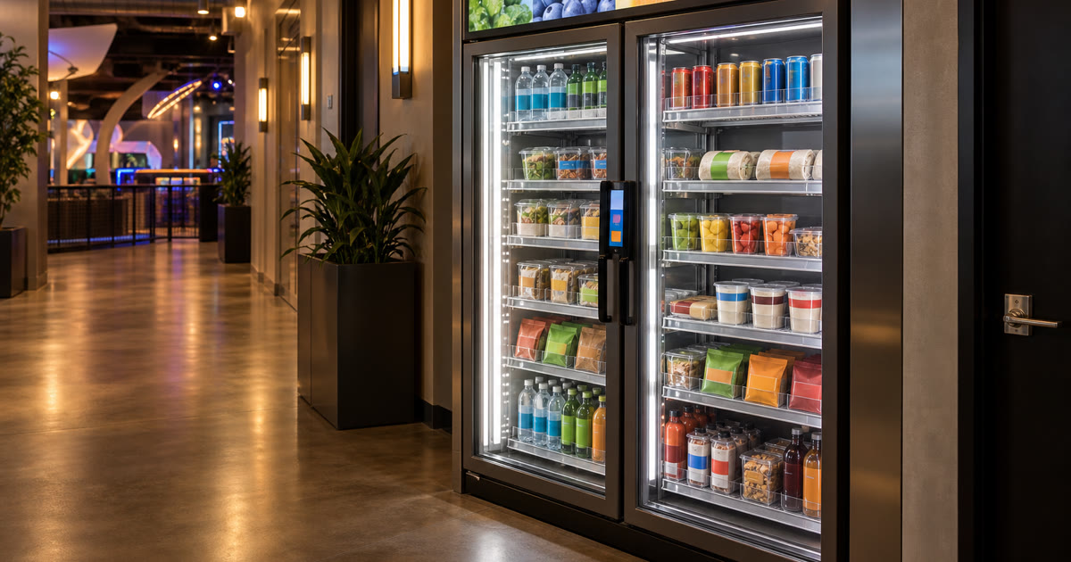 Revvolto smart vending cooler in an Austin entertainment venue staff route with stocked clear glass doors