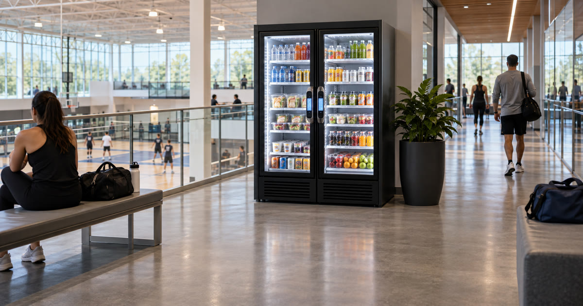 Revvolto spectator mezzanine with a dual-door smart vending cooler positioned off the main walkway