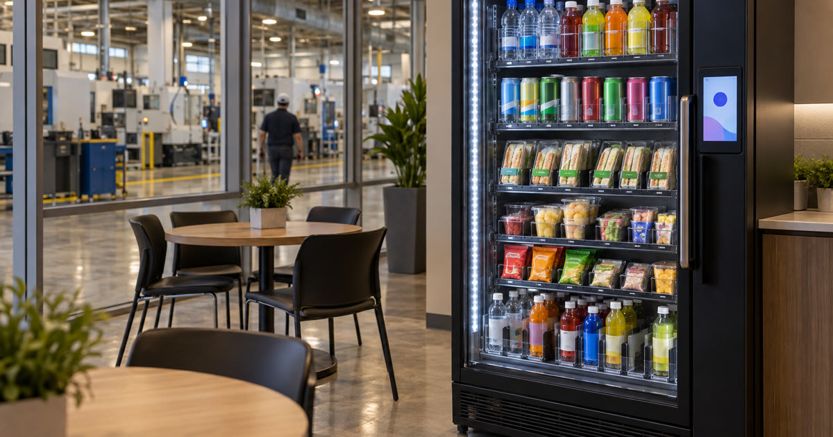 Revvolto smart vending cooler in an Austin industrial staff break area near a production corridor