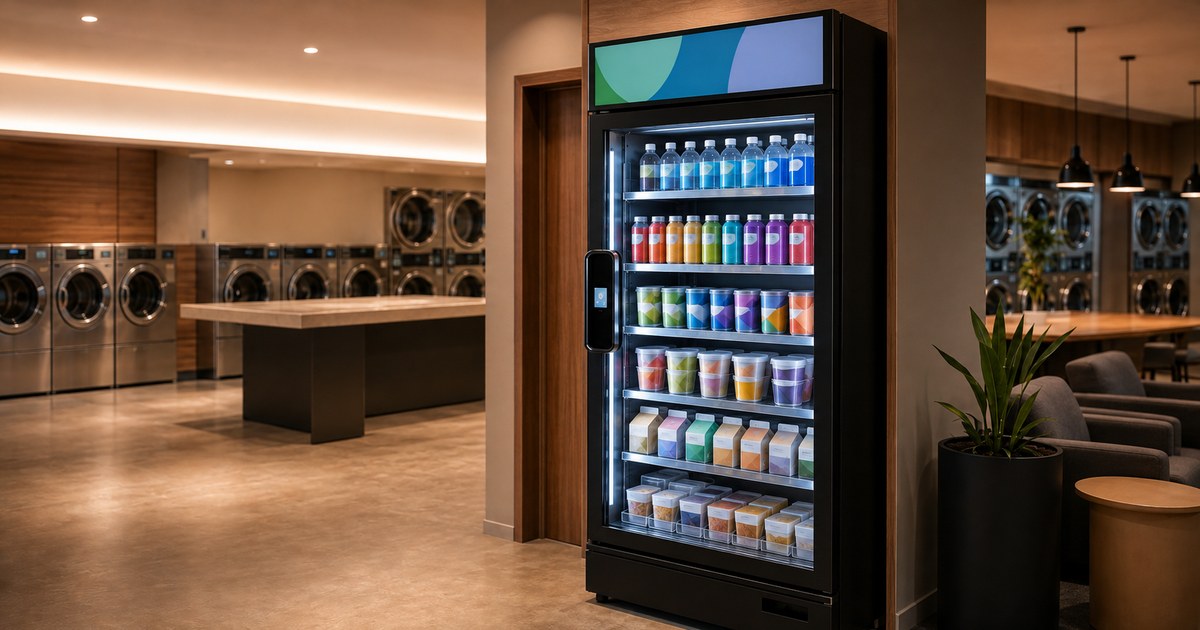 Revvolto smart vending cooler in a clean laundromat waiting area near washers and folding tables