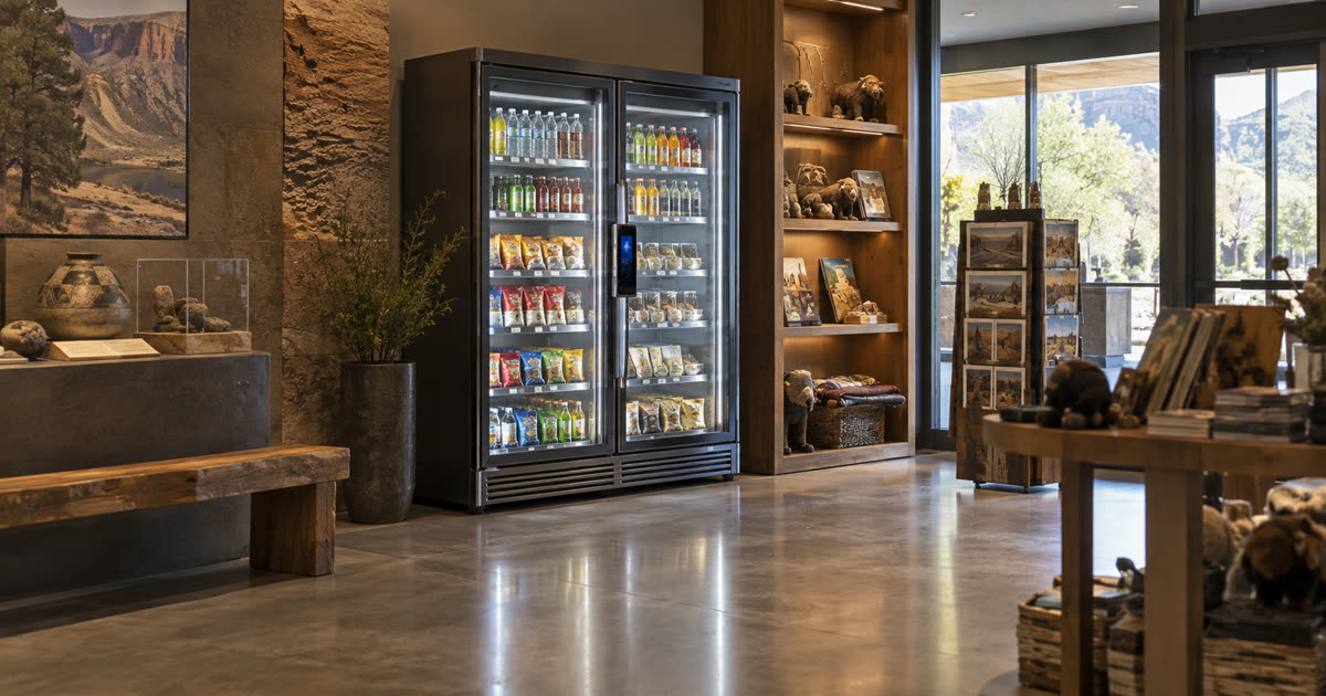 Revvolto smart vending cooler in a museum visitor-services area near the gift shop path