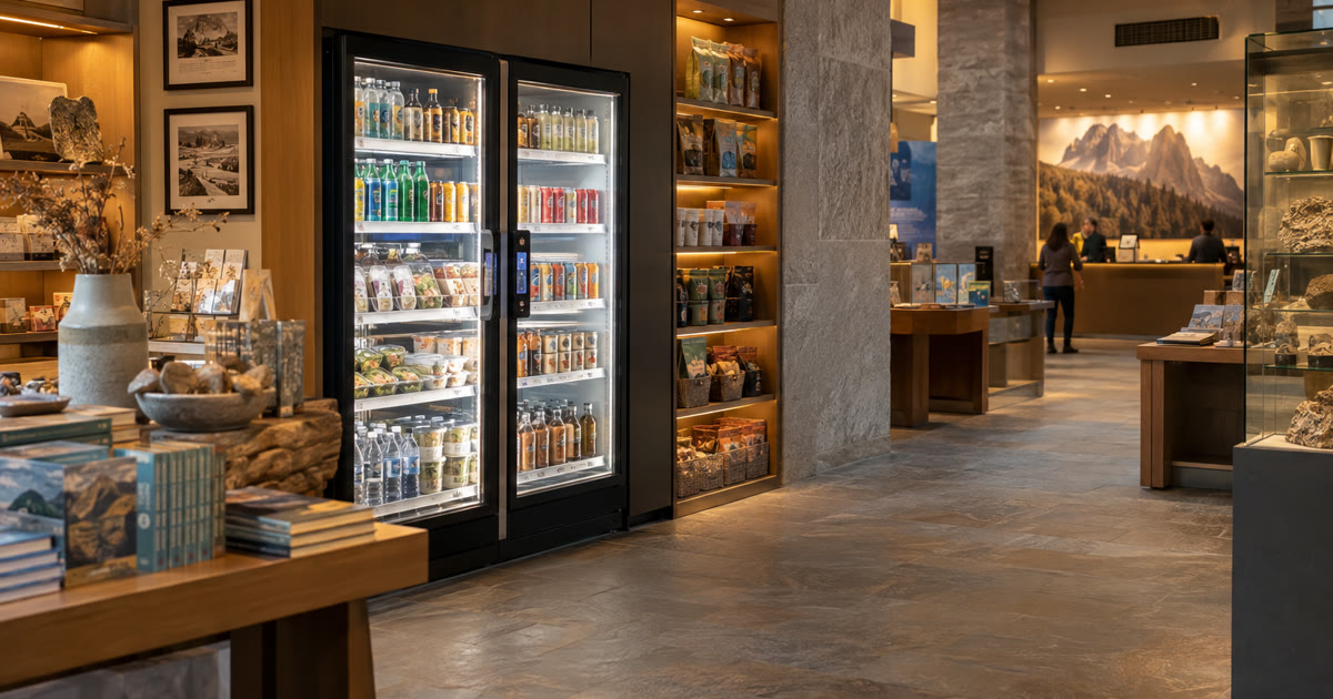 Revvolto smart vending cooler in a local attraction gift shop overflow alcove with stocked shelves