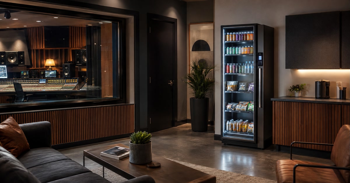 Revvolto smart vending cooler in a modern Austin recording studio lounge near the control room
