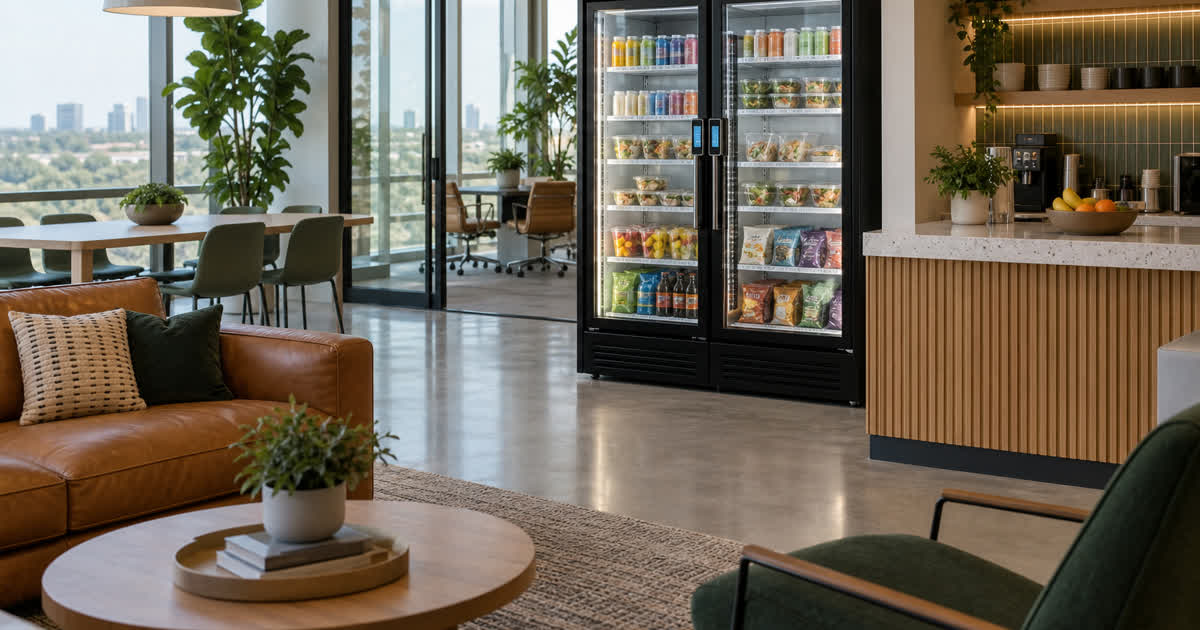 Revvolto smart vending cooler in an Austin research campus staff lounge with clear glass shelves