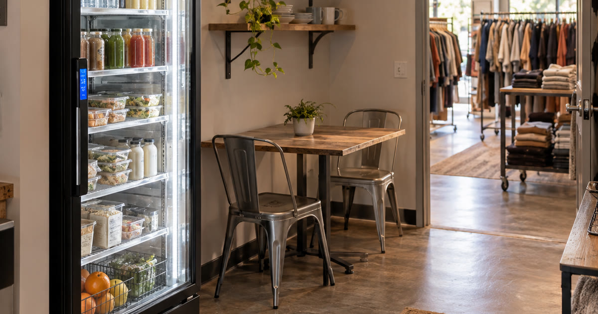 Revvolto smart vending cooler near an Austin retail stockroom corridor for staff breaks