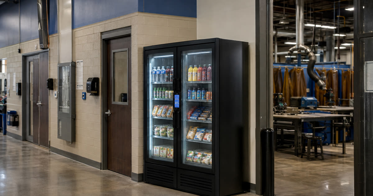 Dual-door AI vending machine in a trade school welding lab corridor with students in protective gear walking past