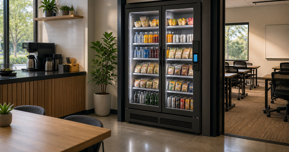 Revvolto Austin smart vending cooler beside a training room kitchenette with stocked clear glass doors
