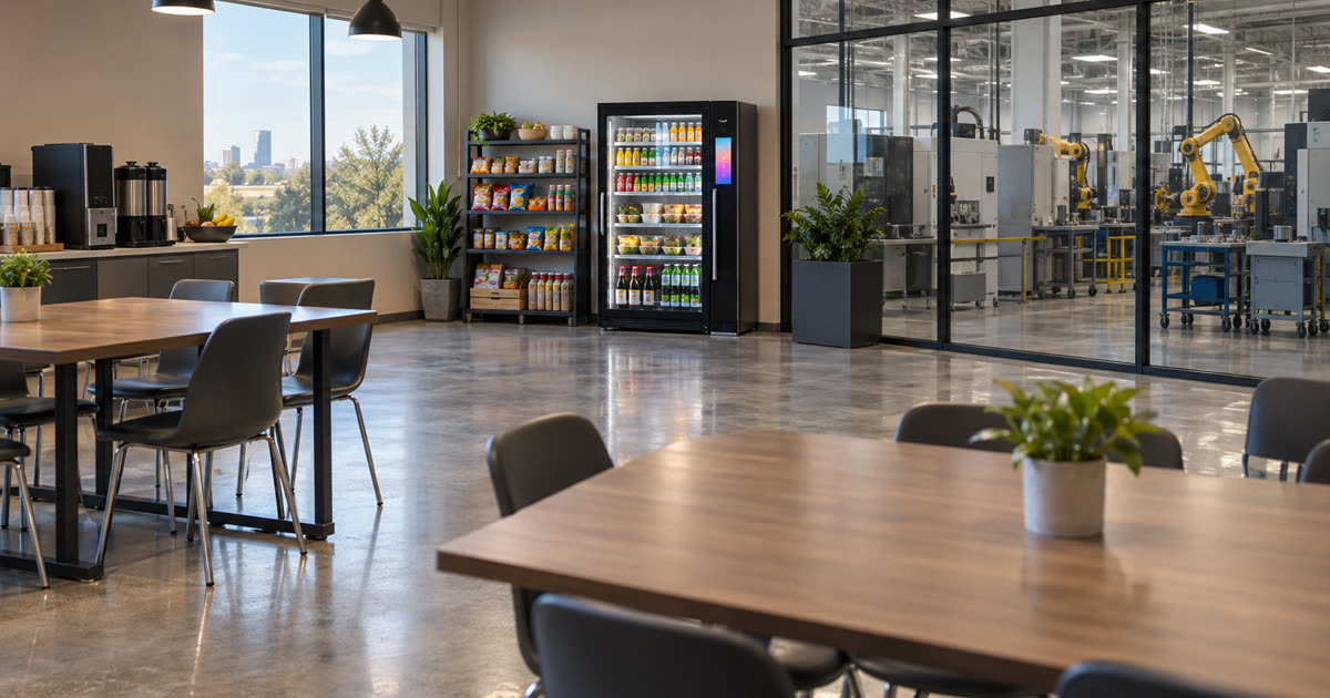 Revvolto smart fridge in an Austin advanced manufacturing staff break area with clear glass shelves