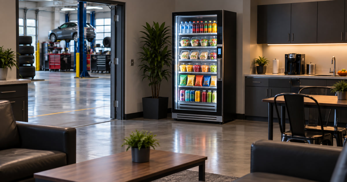Revvolto smart cooler in an auto repair shop staff break nook near a clean service corridor