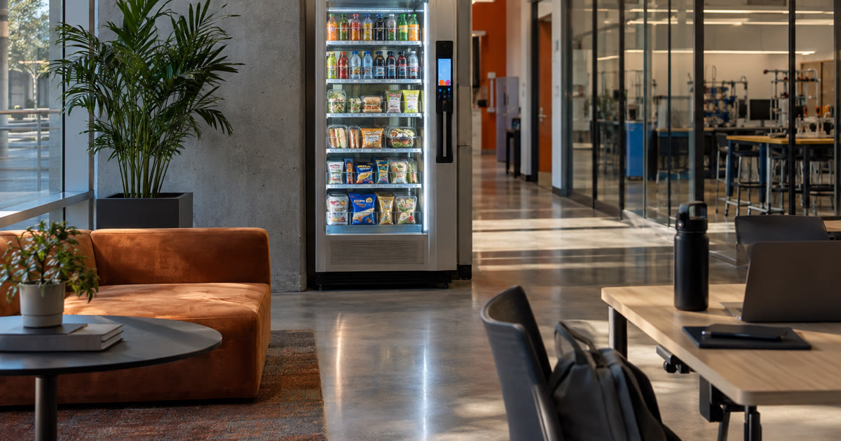 Revvolto smart vending cooler in a modern Austin campus engineering lounge with stocked grab-and-go options