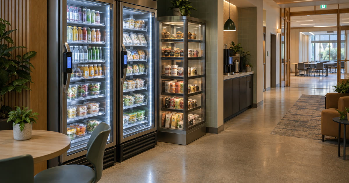 Revvolto micro market style smart cooler setup in a civic community building staff pause path
