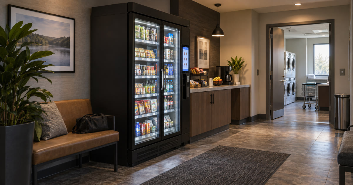 Revvolto smart vending cooler in an extended-stay hotel laundry and pantry corridor