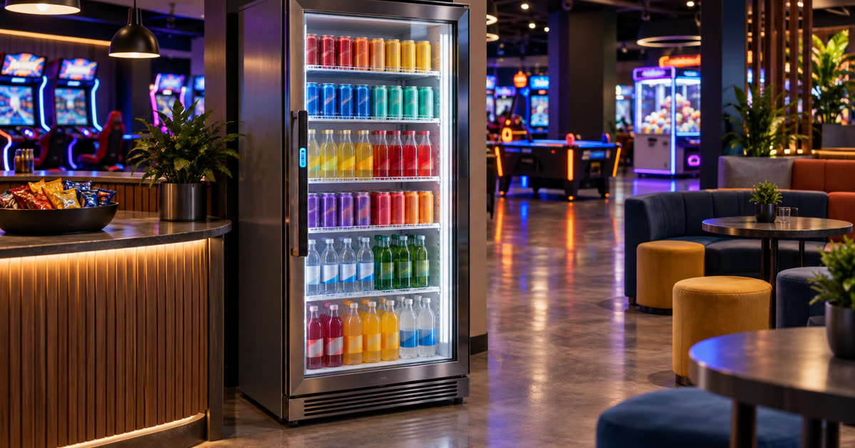 Revvolto smart cooler in a family entertainment center arcade lobby pause area with cashless food access