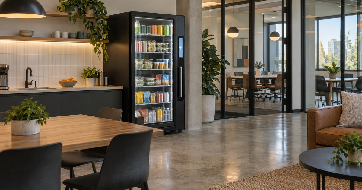Revvolto smart vending cooler in an Austin flex workspace shared kitchenette
