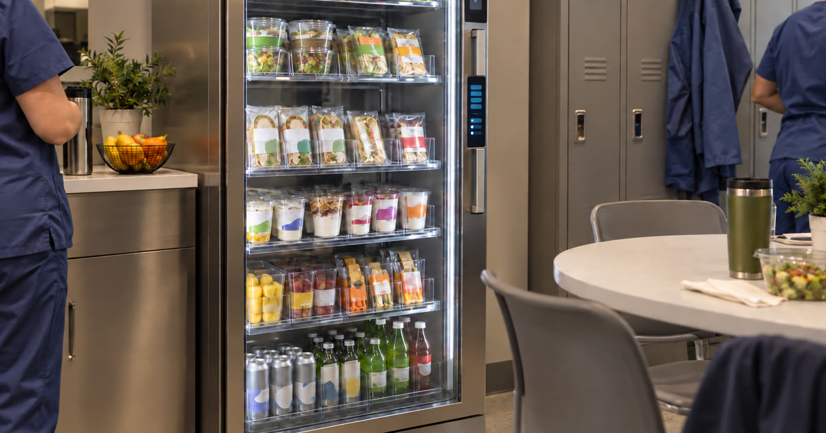 Revvolto smart vending cooler in a staff-only hospital breakroom with stocked grab-and-go items