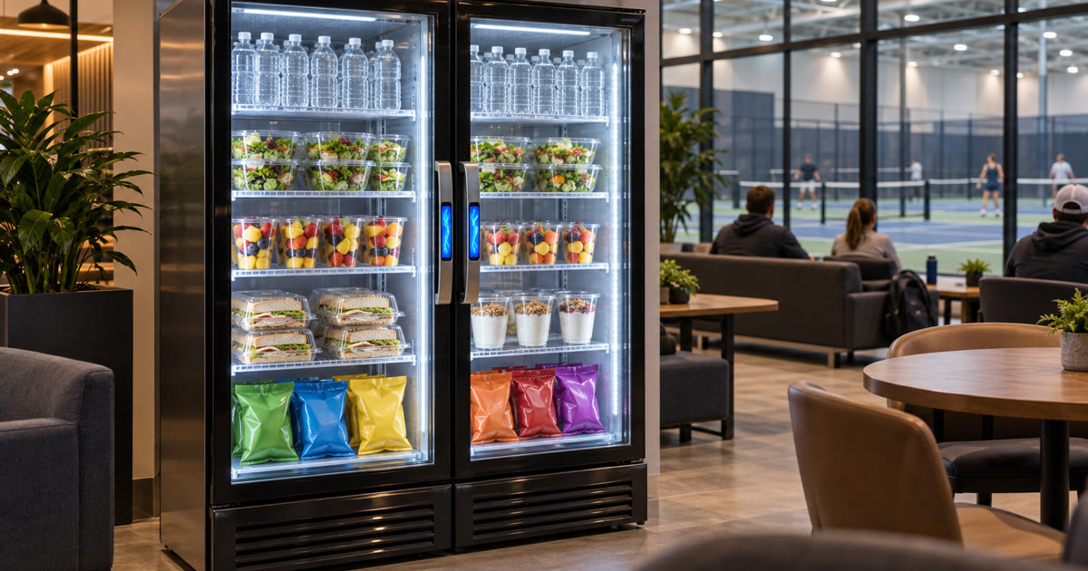 Revvolto smart vending cooler in an indoor sports complex parent waiting lounge
