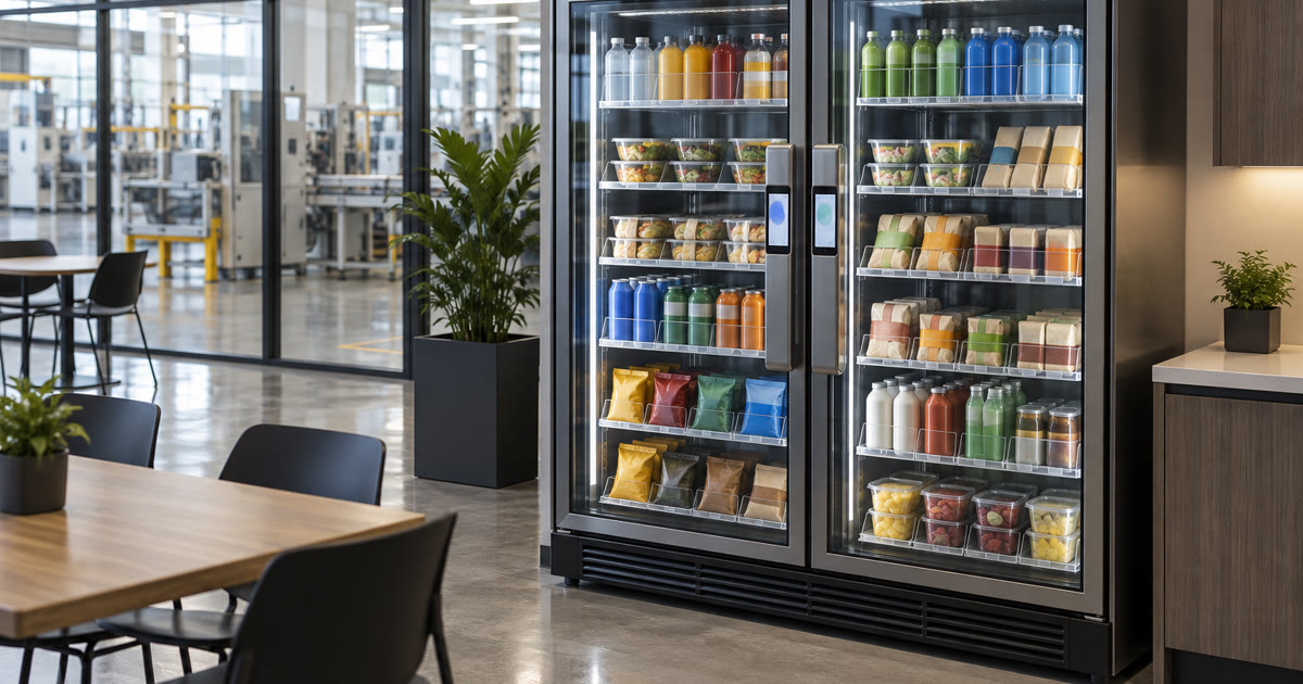Revvolto smart vending cooler in an industrial training room with clear glass and handle screen