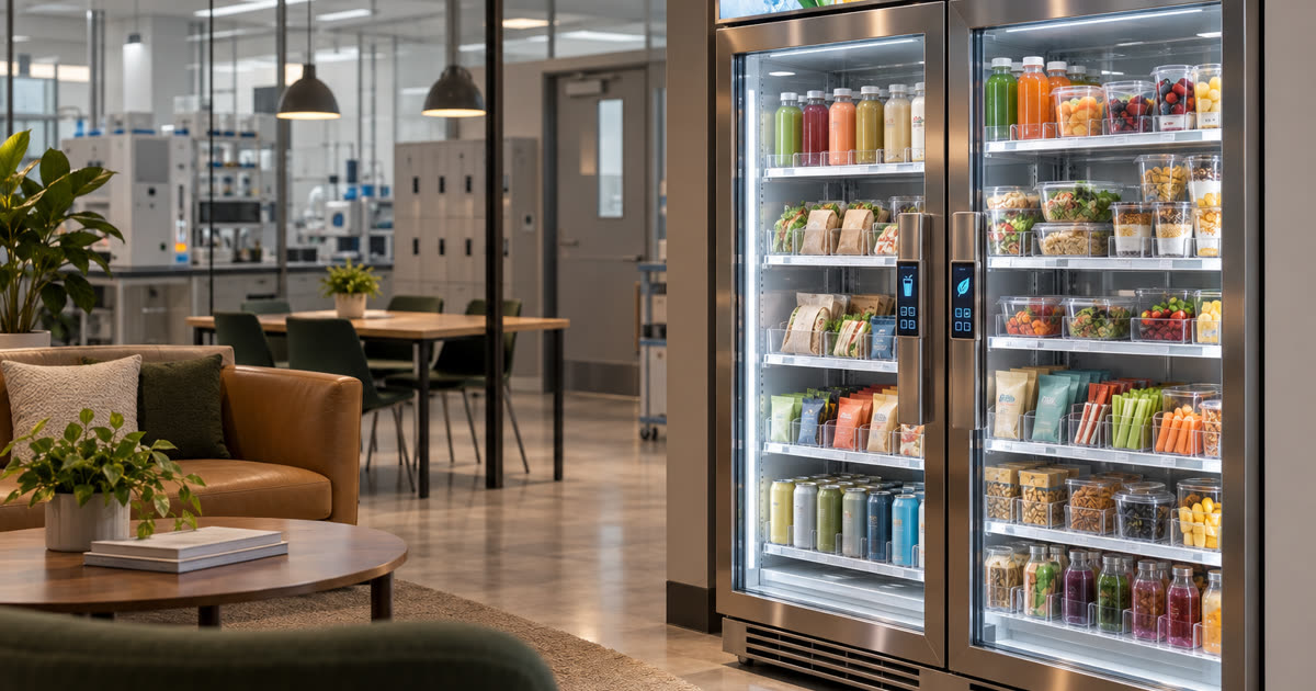 Revvolto smart cooler setup in a clean lab staff lounge for quick workplace food access