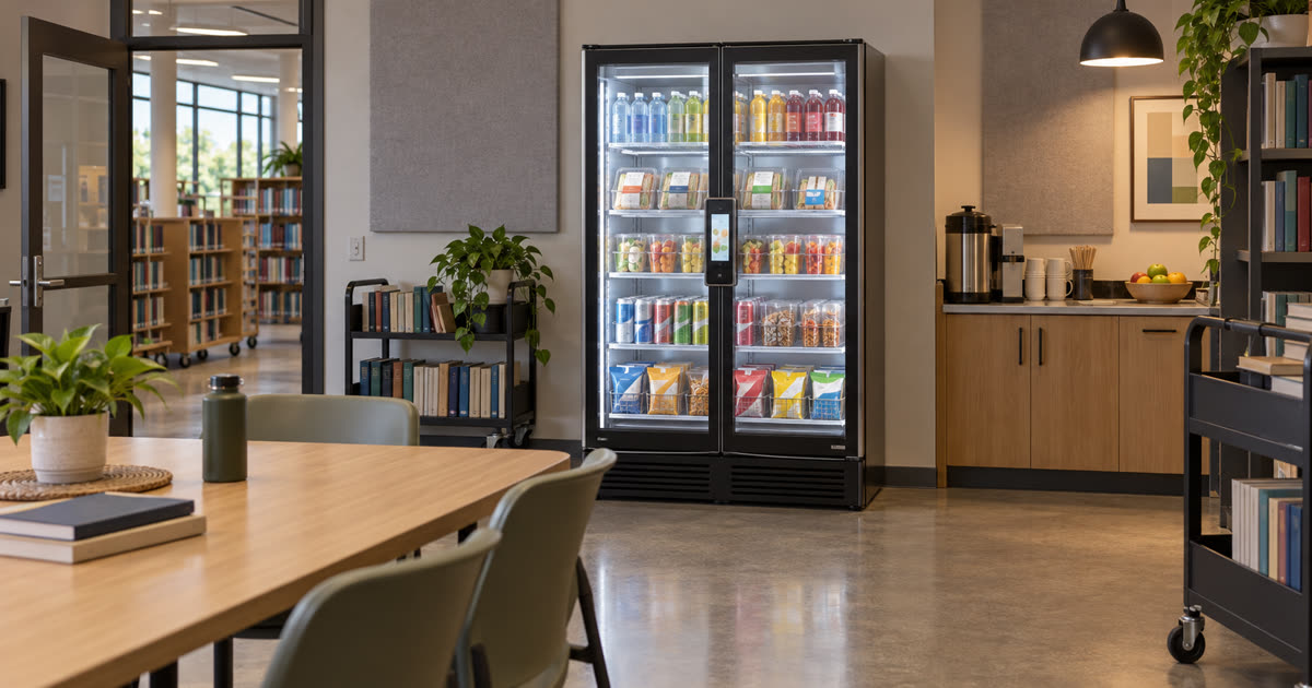 Revvolto smart fridge in a library staff room with clear service space and stocked grab-and-go options