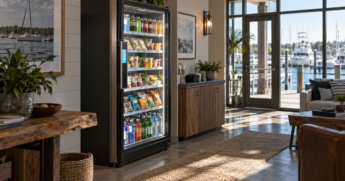 Revvolto smart fridge in a marina clubhouse pause path with stocked grab-and-go food and drinks