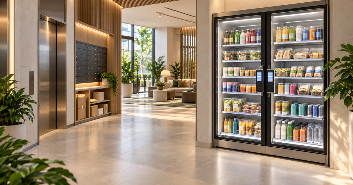 Revvolto smart cooler in a mixed-use residential mailroom and elevator lobby with package storage cues