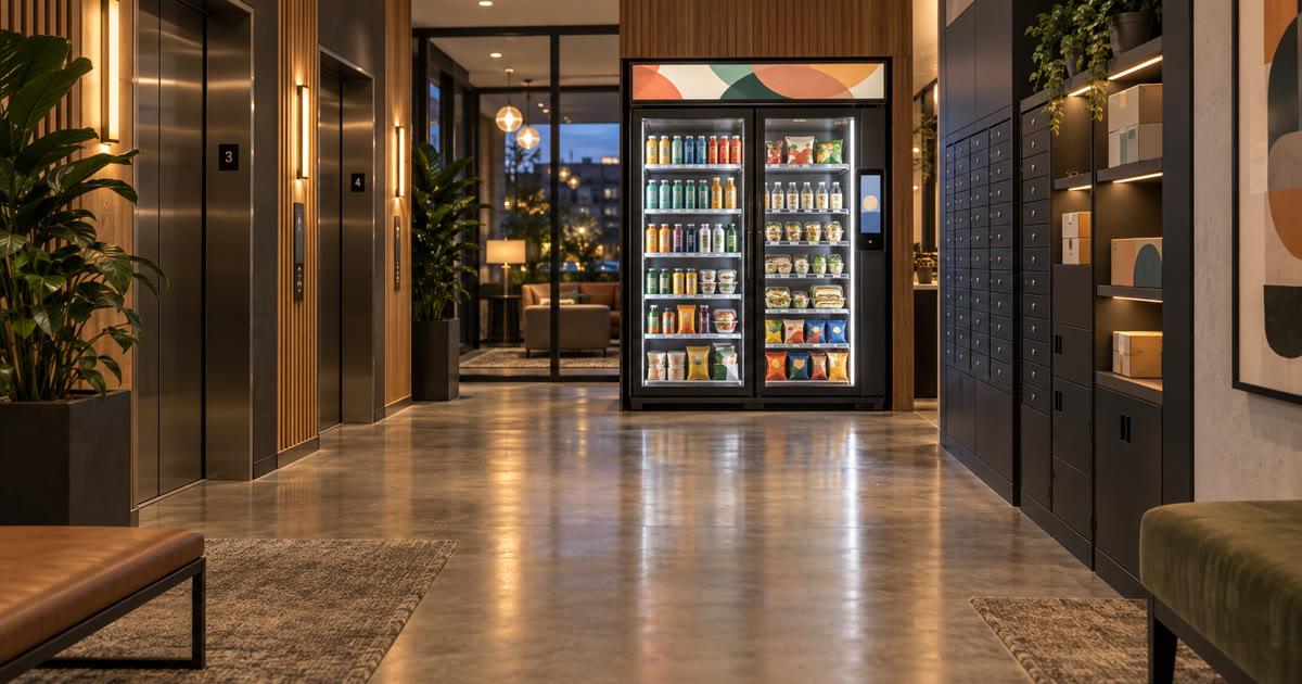 Revvolto micro market cooler near a student housing elevator and package-room path