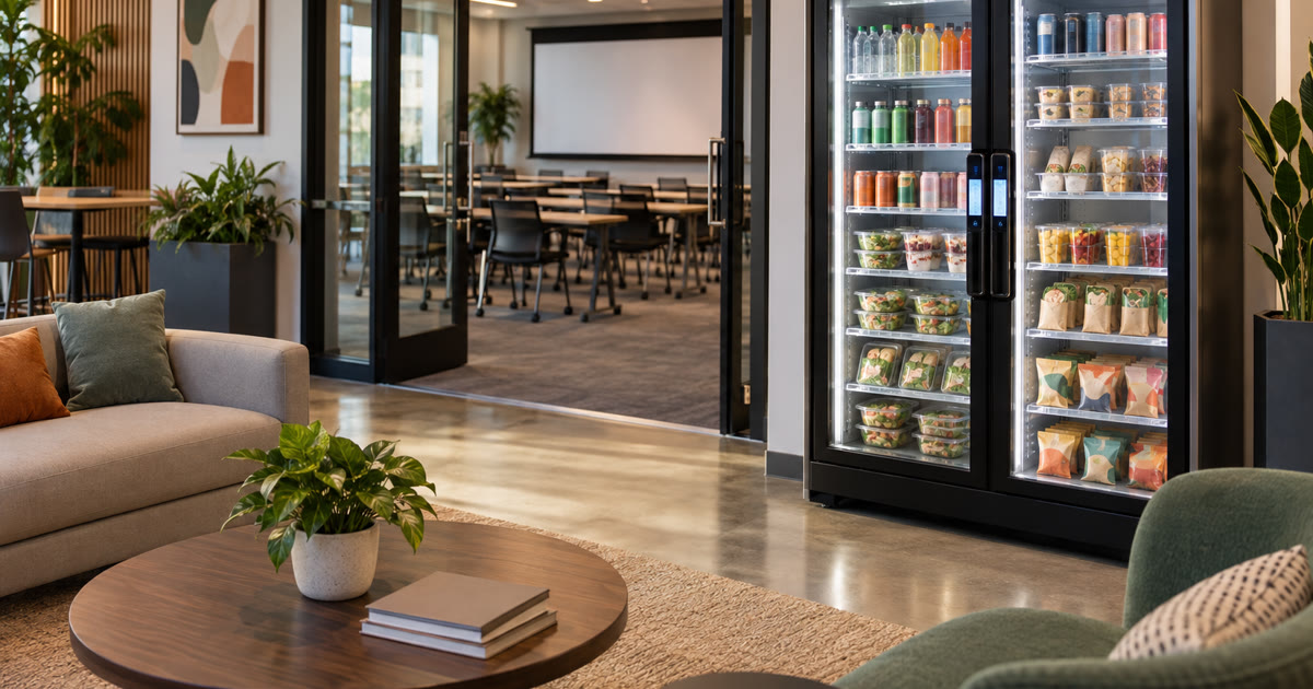 Smart cooler in a small business coaching lounge with clear glass and stocked grab-and-go products