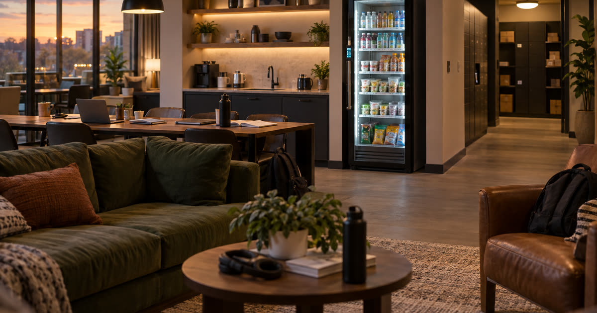 Revvolto smart fridge in a student housing study lounge with stocked clear-glass cooler and resident seating