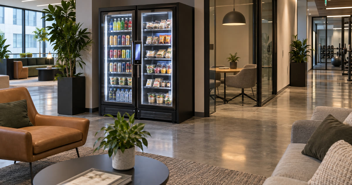Revvolto smart vending cooler in an Austin office amenity lounge with stocked drinks and prepared foods