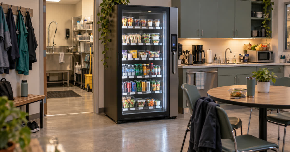 Revvolto smart cooler in a veterinary hospital staff breakroom with stocked grab and go options