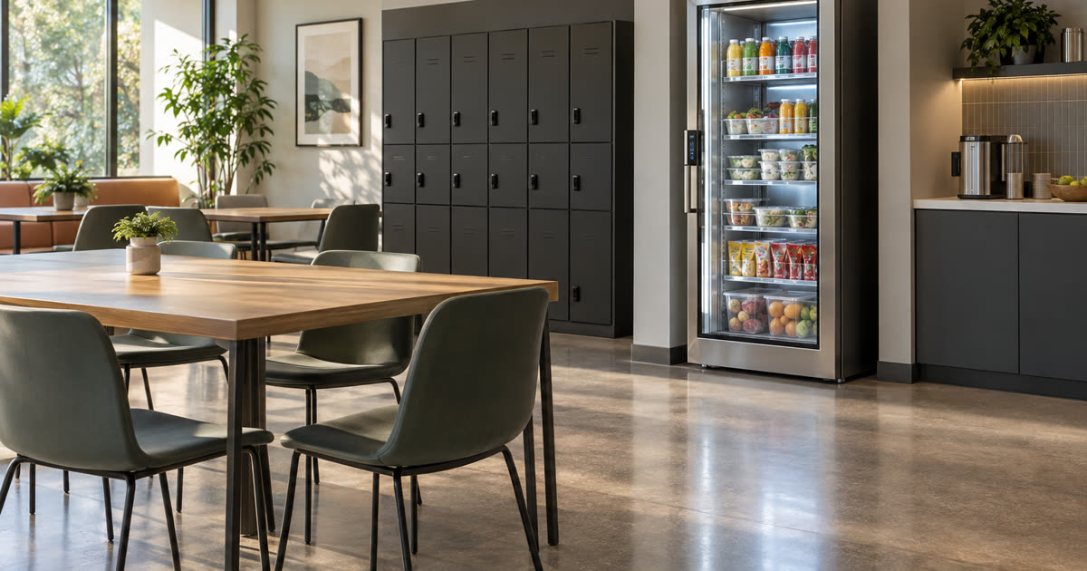 Revvolto smart cooler in a clean Austin staff break area with clear glass and grab-and-go products