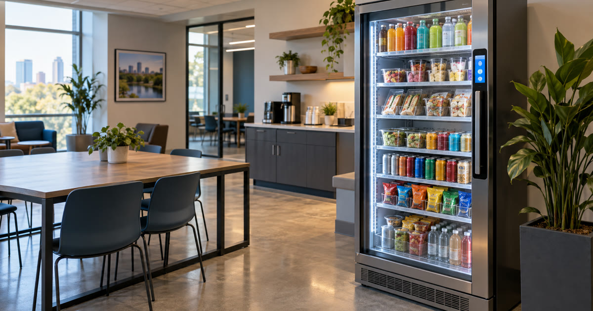 Revvolto smart cooler in an Austin campus staff breakroom with stocked shelves and clear glass door