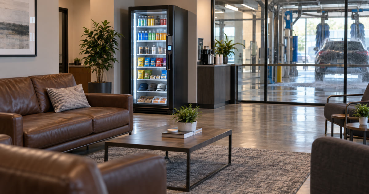 Revvolto smart cooler in a car wash waiting lounge with clear service access and stocked products