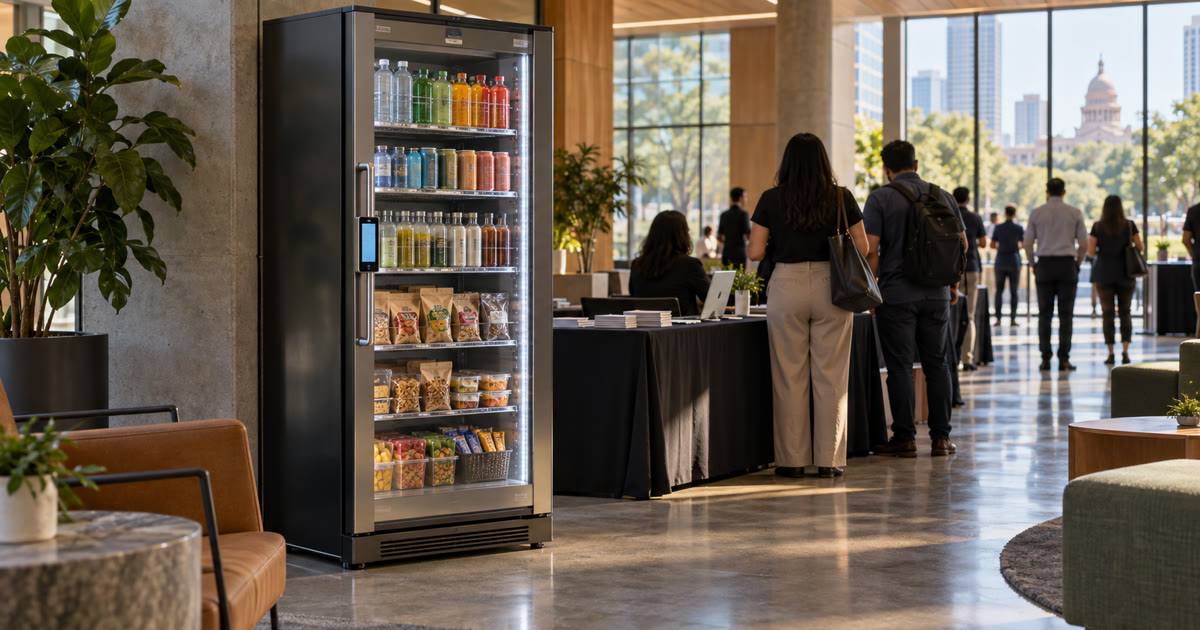 Revvolto smart cooler near an Austin civic job fair registration path with stocked grab and go items