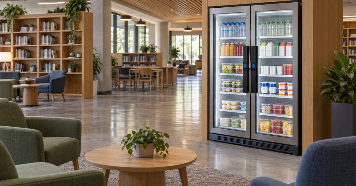 Revvolto smart cooler in a community resource lounge with stocked clear glass doors