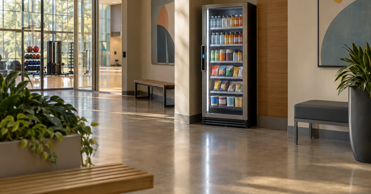 Revvolto smart cooler in a community recreation center lobby pause area with stocked glass shelves