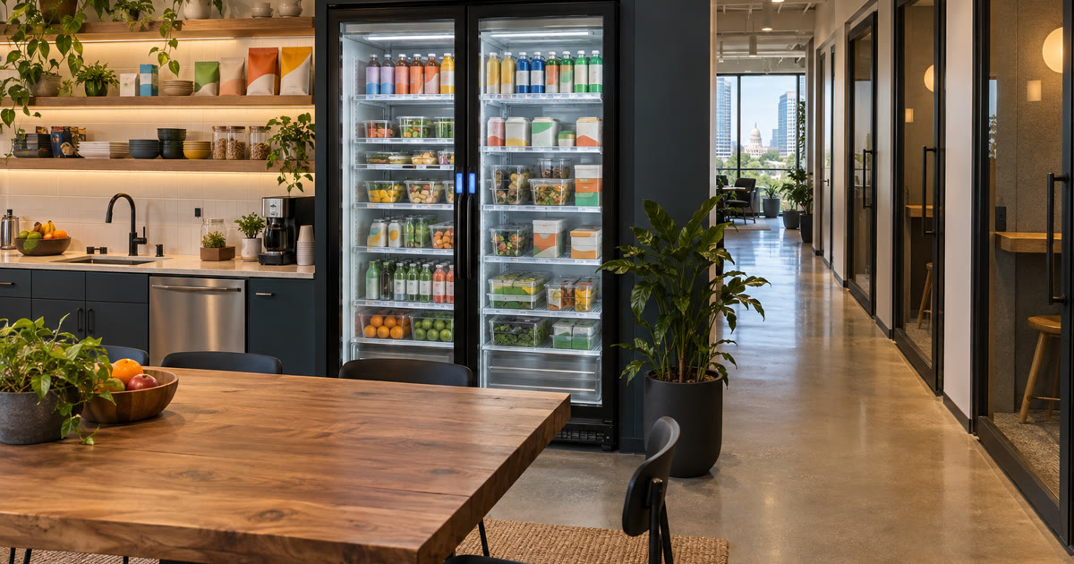 Revvolto smart cooler in a coworking kitchen with clear glass doors and stocked shelves