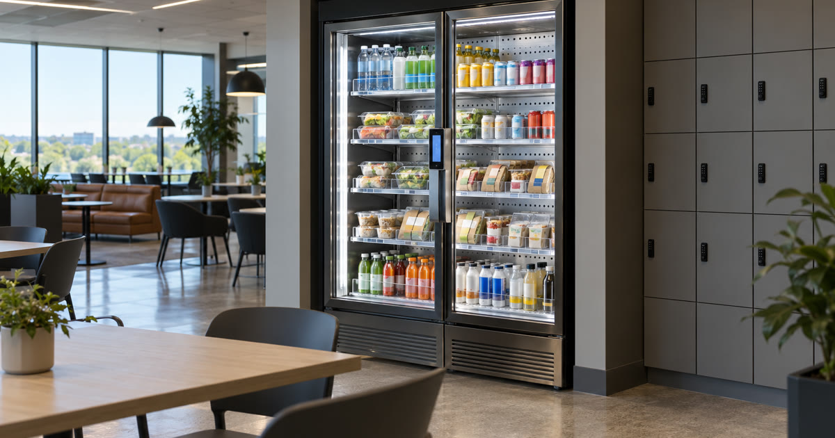 Revvolto smart cooler in a secure Austin tech campus staff break area with stocked grab and go food