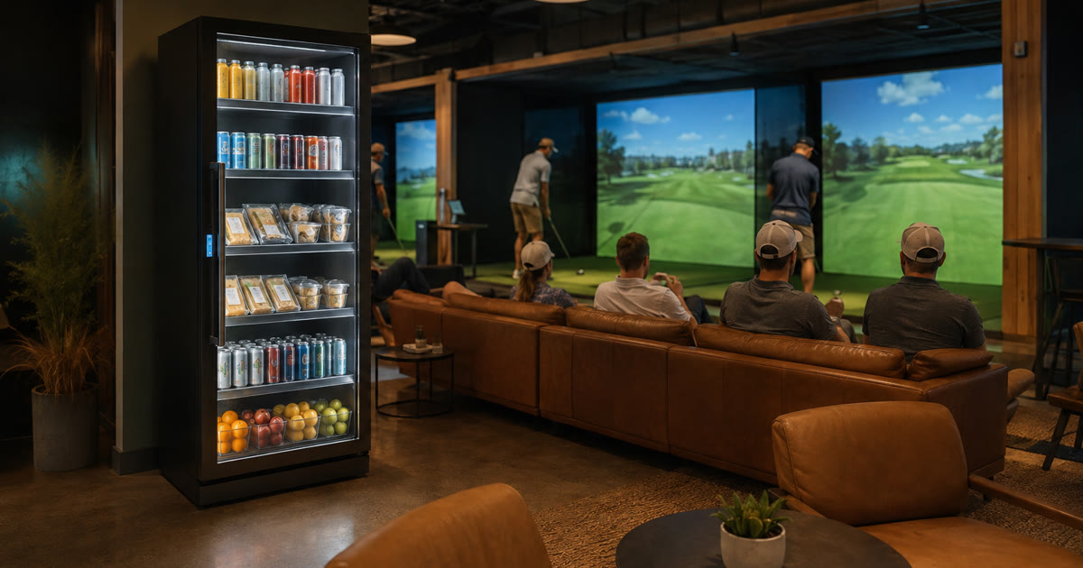 Revvolto smart vending cooler near indoor golf lounge seating with stocked clear glass and pause-path access