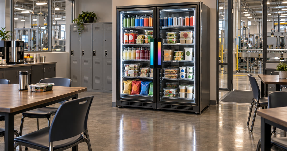 Revvolto smart cooler in a clean industrial employee lounge with cashless vending access