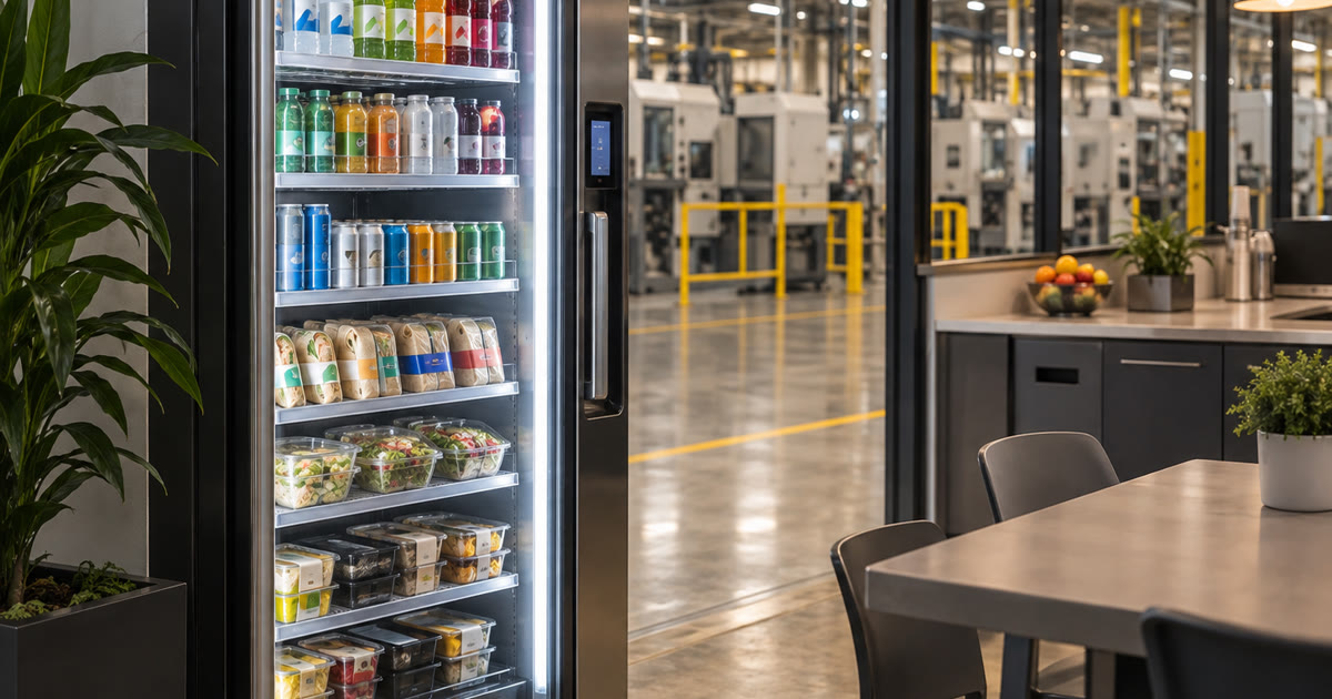 Revvolto smart cooler in an Austin industrial staff breakroom with clear glass doors and stocked grab-and-go products
