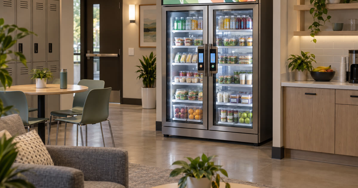 Revvolto smart cooler in an outpatient rehab staff lounge with clear glass doors and stocked shelves