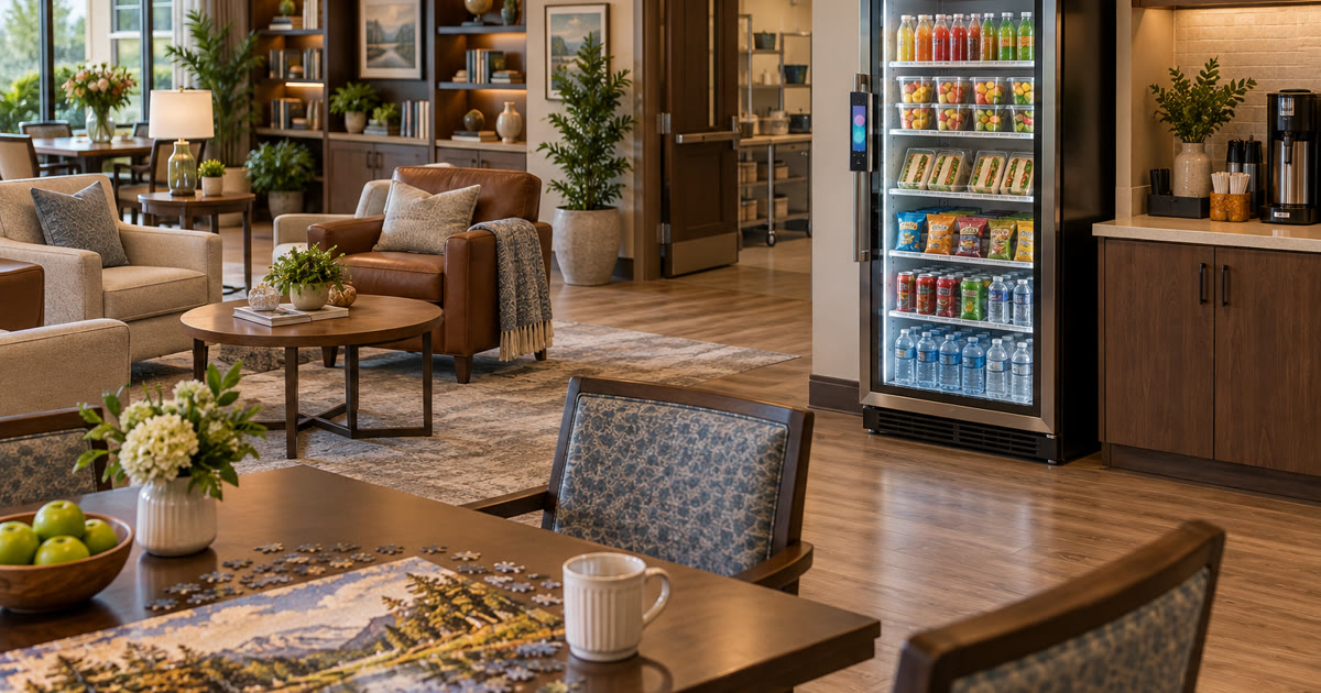 Revvolto smart cooler in a senior living activity room with stocked grab-and-go food access