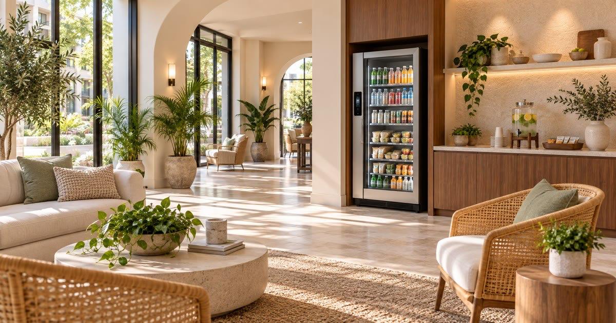 Bright Austin small business lounge with Revvolto smart cooler and stocked grab-and-go products