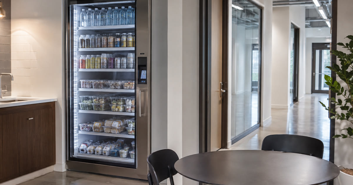 Revvolto smart vending cooler in an Austin manufacturing staff break area with clear glass stocked shelves