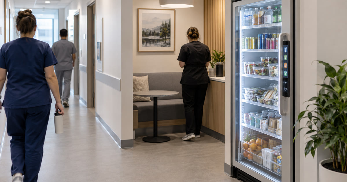 Revvolto smart fridge in an Austin clinic staff corridor with stocked clear glass shelves