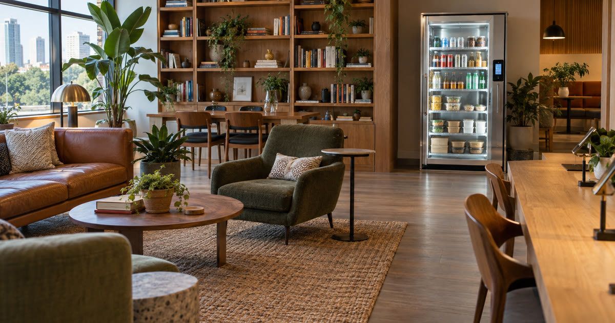 Revvolto smart fridge in an Austin coworking library lounge with stocked clear glass cooler shelves